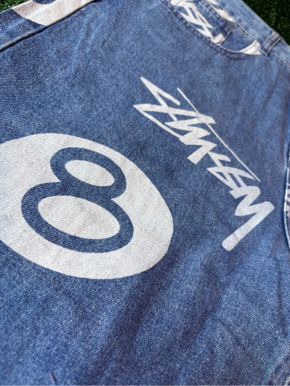 Stussy Blue Denim Shorts with White Graphic Print - Picture 2 of 6